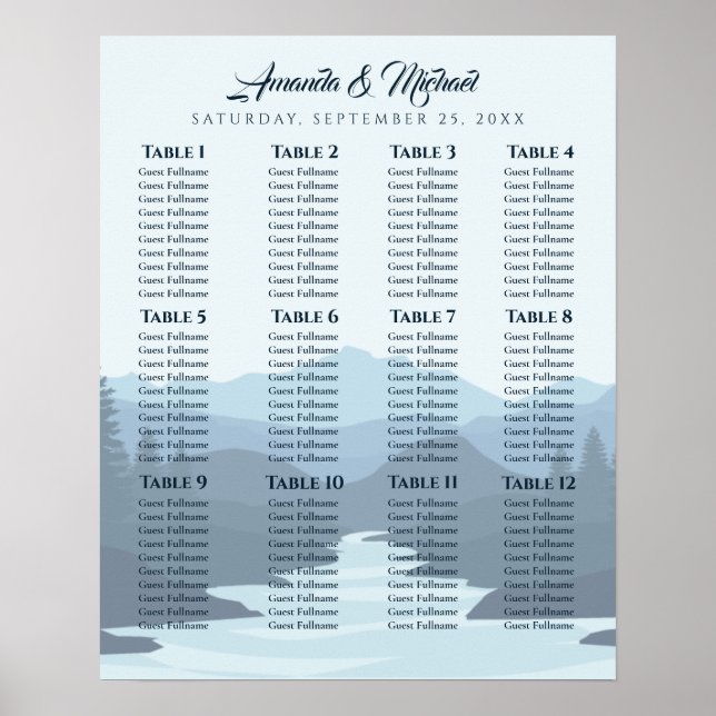 Rustikale Misty Mountains Hochzeitsdiagramm Poster (Vorne)