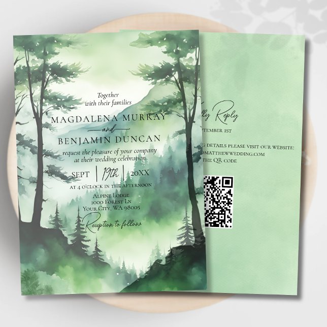 Rustikale Misty Mountains Pine Trees QR Code Hochz Einladung (Von Creator hochgeladen)