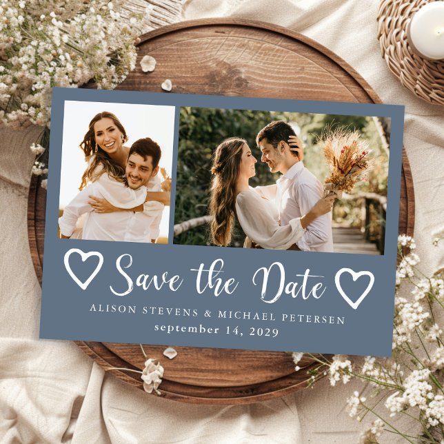 Rustikale moderne 2 Foto staubblaue Hochzeit  Save The Date (Von Creator hochgeladen)