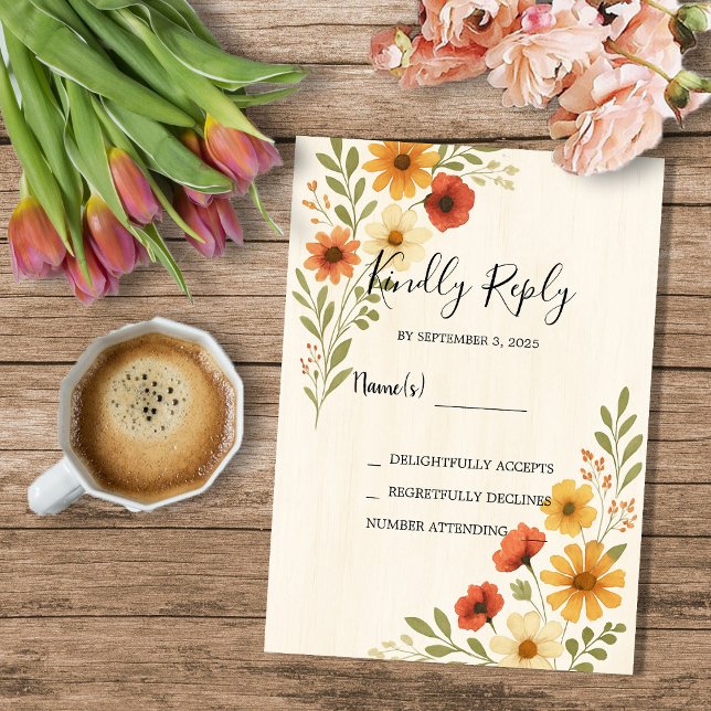 Rustikale moderne Aquarellfarben Blume Hochzeit RS Einladung (Rustic modern watercolor flowers boho wedding RSVP Invitation.)