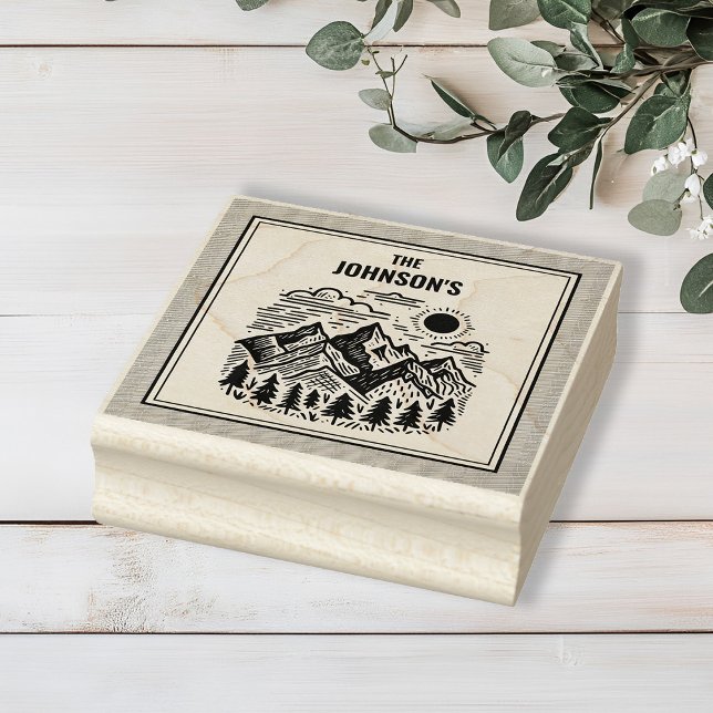 Rustikale moderne Berge benutzerdefiniert Gummistempel (Modern Rustic Mountains Custom Family Name Rubber Stamp)