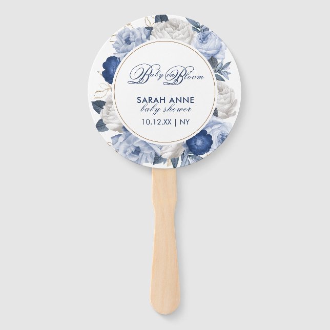 Rustikale moderne Blue & White Blume Babydusche Fächer (Vorderseite)