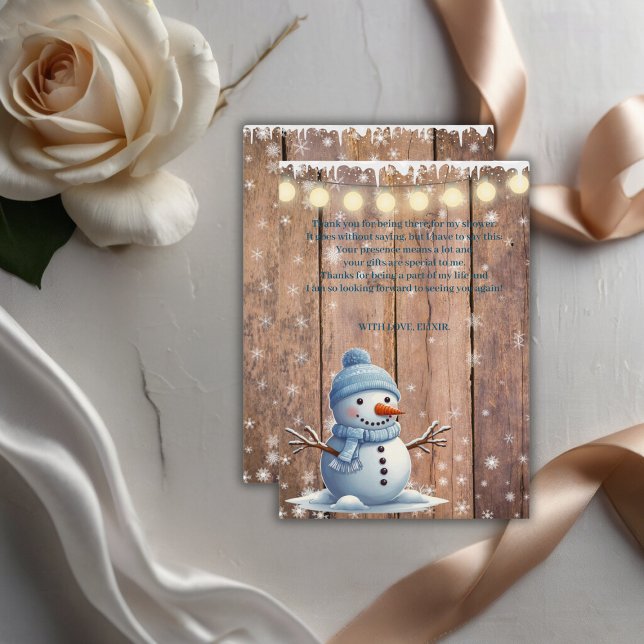 Rustikale moderne Elegant Blue Snowman Baby Dusche Dankeskarte (Von Creator hochgeladen)