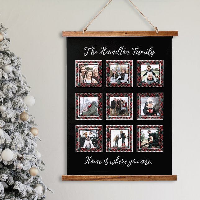 Rustikale, moderne Familienfotografie Wandteppich Mit Holzrahmen (Family Photo Collage in Elegant in Rustic Modern Style with Script Font)