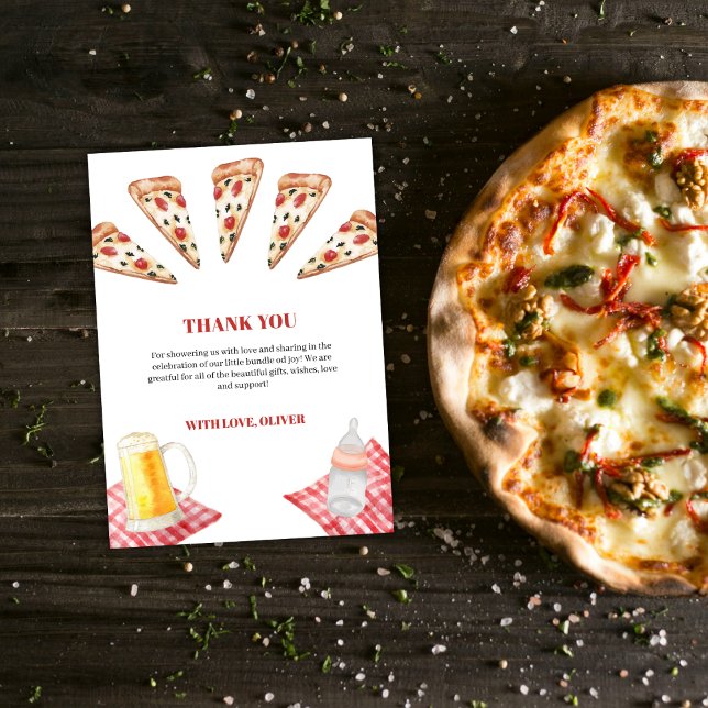 Rustikale moderne Slice Pizza Beers Babydusche Dankeskarte (Rustic Modern Sice Pizza Beers Baby Shower Thank You Card)