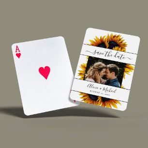 Rustikale moderne Sonnenblumen Foto Hochzeit rett Spielkarten