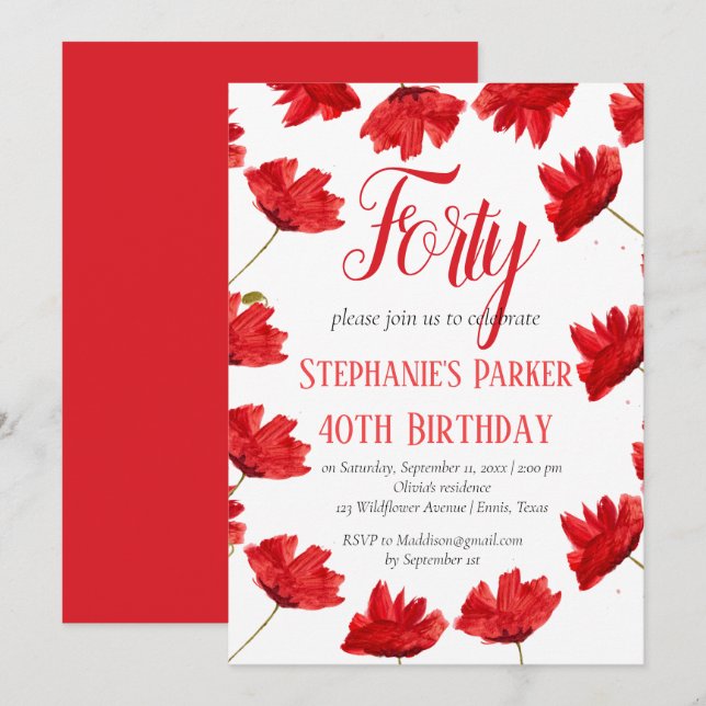 Rustikale Mohnblume 40. Geburtstag Wildblume Rote  Einladung (Vorne/Hinten)
