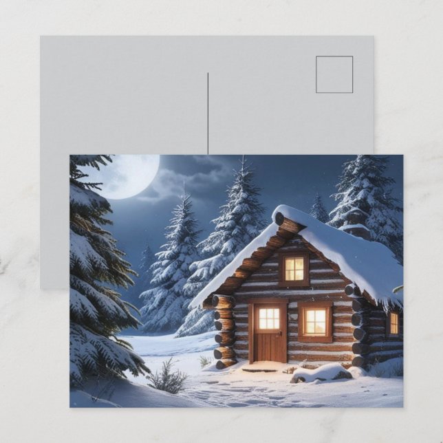 Rustikale Mondlicht Gemütliche Winterhütte Postkarte (Vorne/Hinten)