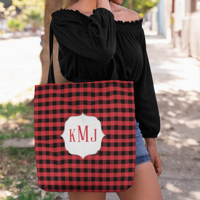 Rustikale Monogramm Büffel Karo individuell Tasche (Red and black tote bag with monogram. )