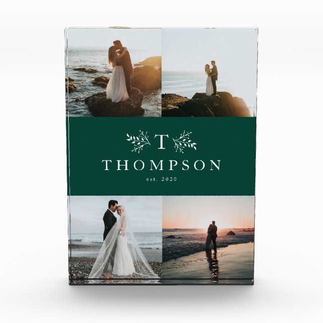 Rustikale, monogramm-grüne Hochzeitscollage Fotoblock (Vorderseite)