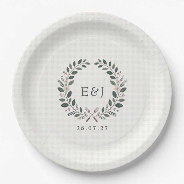 Rustikale Monogramm-I-Do-BBQ-Hochzeit Pappteller (Vorderseite)