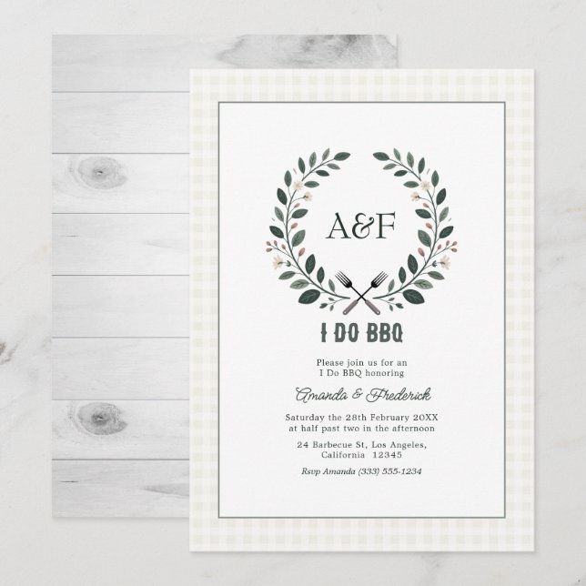 Rustikale Monogramm-Ich-mache-BBQ-Hochzeit Einladung (Vorne/Hinten)