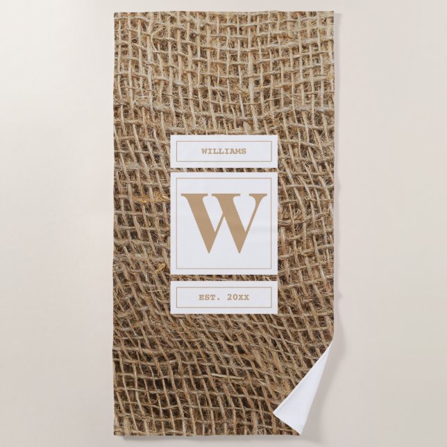 Rustikale Monogramm-Initiale aus Jute  Strandtuch (Vorderseite)