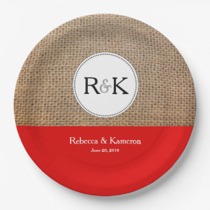 Rustikale Monogramm-Jute und rote Hochzeit Pappteller