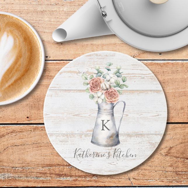 Rustikale Monogramm-Rose Eukalyptus-Baumwolle in e Getränkeuntersetzer (In situ)