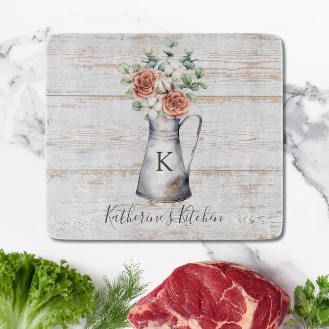 Rustikale Monogramm-Rose Eukalyptus-Baumwolle in e Schneidebrett (In situ)