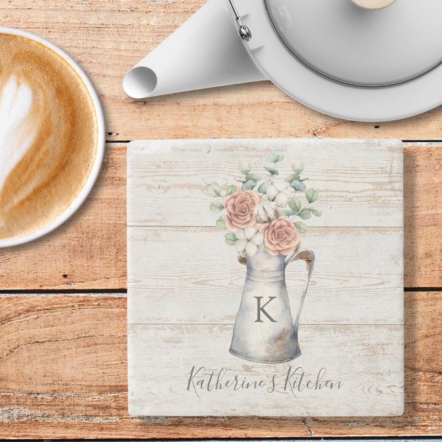 Rustikale Monogramm-Rose Eukalyptus-Baumwolle in e Steinuntersetzer (In situ)