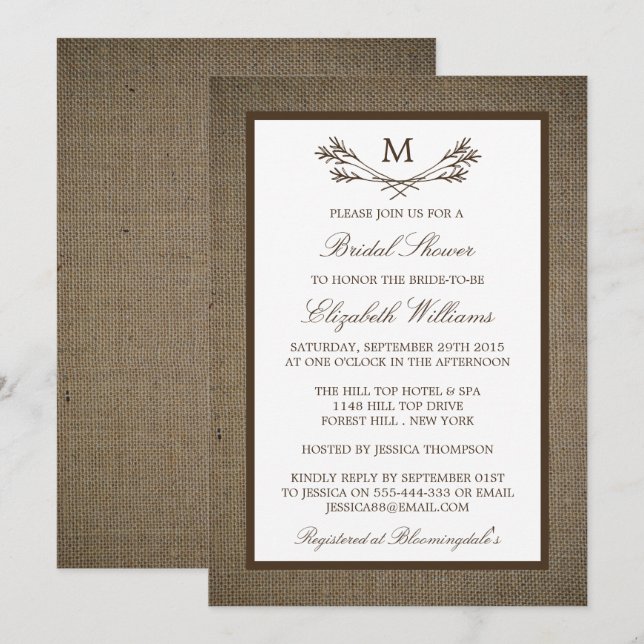 Rustikale Monogrammzweig auf Burlap-Brautparty Einladung (Vorne/Hinten)