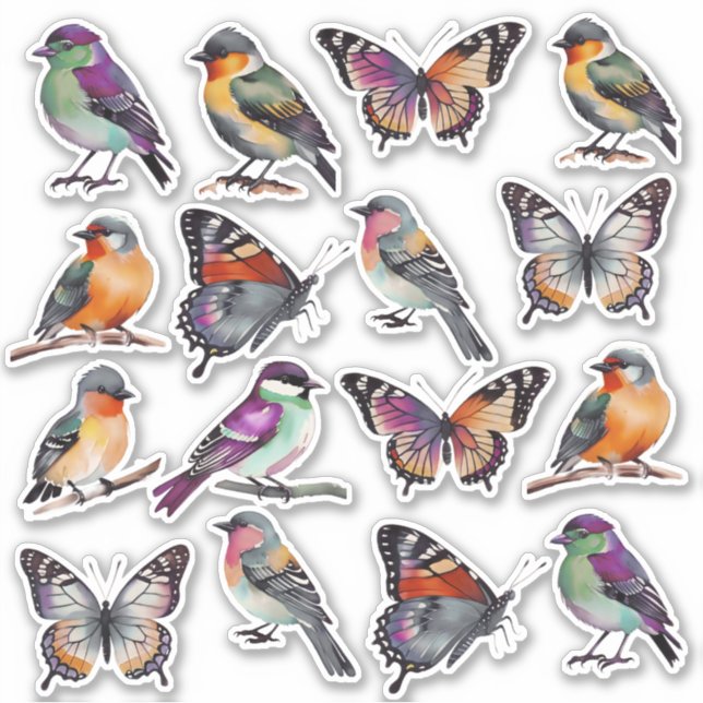 Rustikale Multicolor-Wasserfarben-Vögel und Schmet Aufkleber (Vorderseite)
