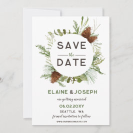 Rustikale Nadelkiefer-Hochzeit Sichern Sie das Dat Ankündigung