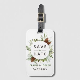 Rustikale Nadelkiefer-Hochzeit Sichern Sie das Dat Gepäckanhänger