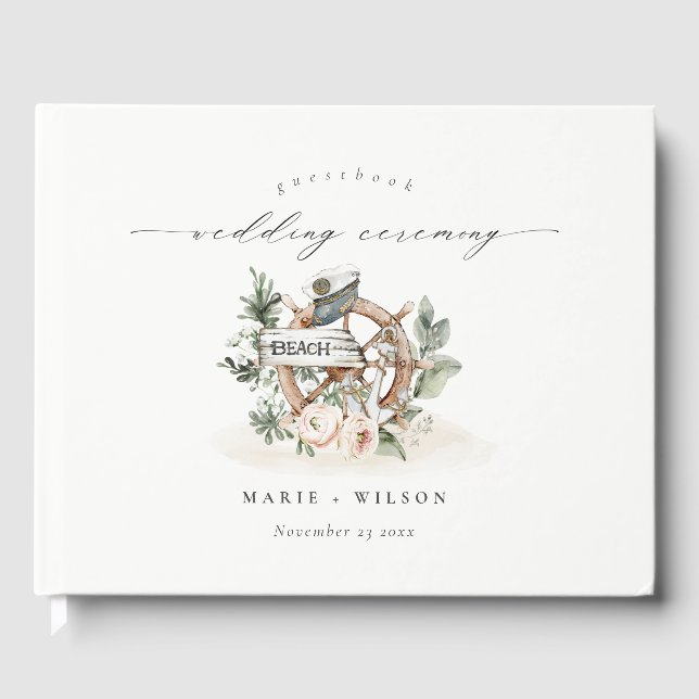 Rustikale Nautical Anchor Wheel Leafy Floral Weddi Gästebuch (Vorderseite)