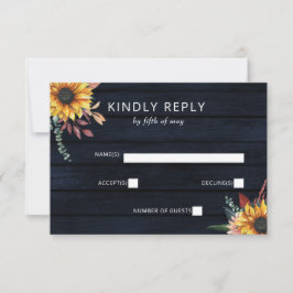 Rustikale Navy Barn Wood Country Sonnenblumen Hoch RSVP Karte