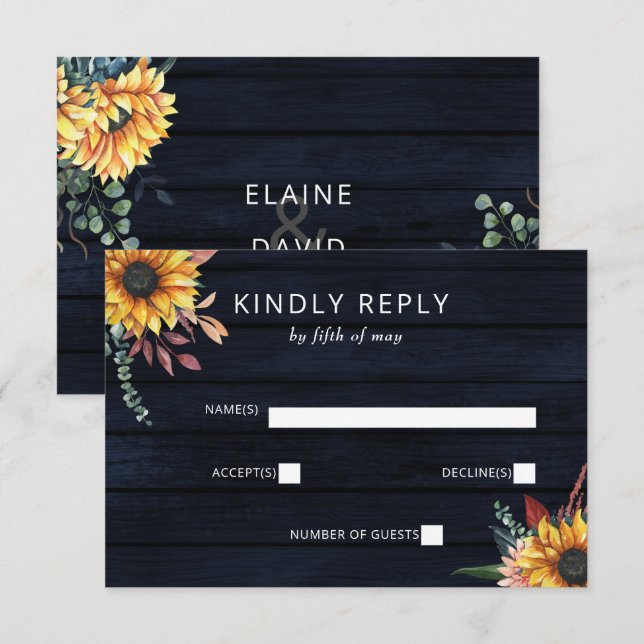 Rustikale Navy Barn Wood Country Sonnenblumen Hoch RSVP Karte (Vorne/Hinten)