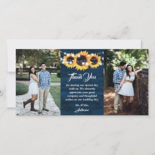 Rustikale Navy Blau Holz Sonnenblume Foto Hochzeit Dankeskarte