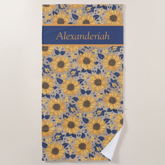 Rustikale Navy Blauer goldene Gelbe Sonnenblume Na Strandtuch (Vorderseite)
