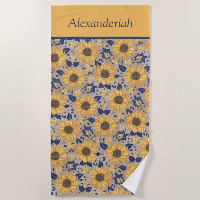 Rustikale Navy Blauer goldene Gelbe Sonnenblume Na Strandtuch (Vorderseite)