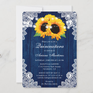 Rustikale Navy Blauer Sonnenblumen Holz Spitzen Qu Einladung