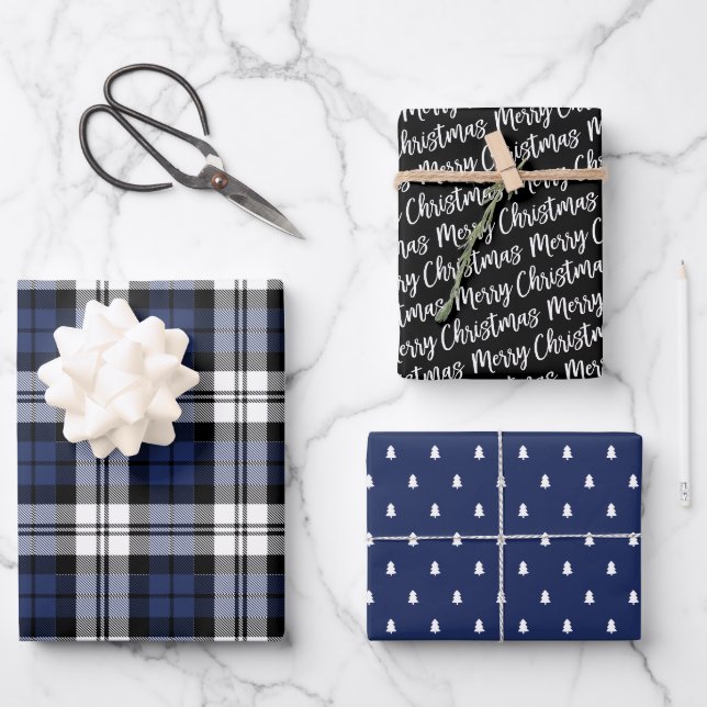 Rustikale Navy Blue Black Watch Kariert frohe Weih Geschenkpapier Set (Vorderseite)