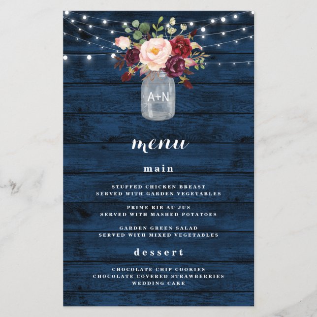Rustikale Navy Blue Burgundy Blush Wedding Menu Ca (Vorderseite)
