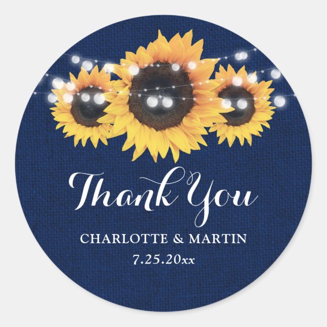 Rustikale Navy Blue Burlap Sonnenblume Gastgeschen Runder Aufkleber (Vorderseite)