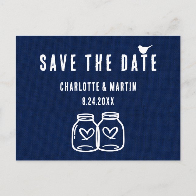 Rustikale Navy Blue Burlap Wedding rettet das Datu Ankündigungspostkarte (Vorderseite)