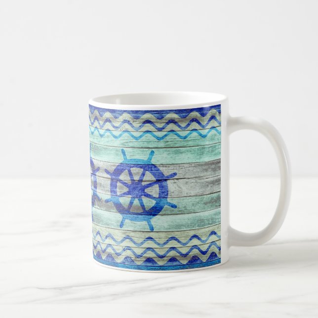 Rustikale Navy Blue Coastal Decor Ship Wheels Kaffeetasse (Rechts)