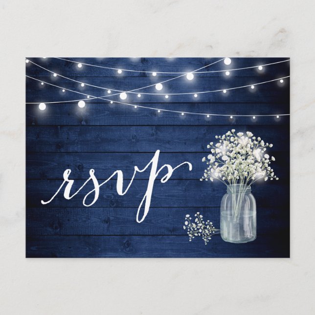 Rustikale Navy Blue Gipskraut String Lights UAWG Einladungspostkarte (Vorderseite)
