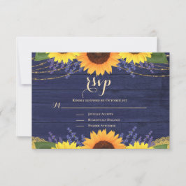Rustikale Navy Blue Gold Lace Sonnenblume Hochzeit RSVP Karte