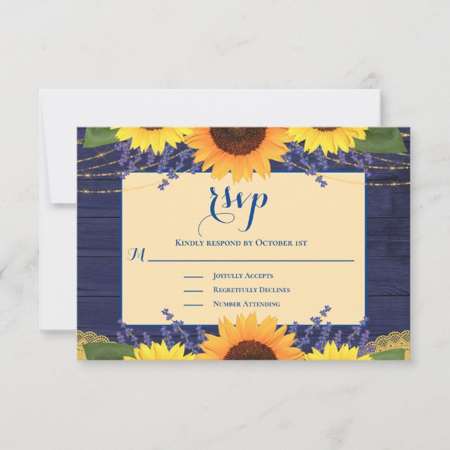 Rustikale Navy Blue Gold Lace Sonnenblume Hochzeit RSVP Karte (Vorderseite)