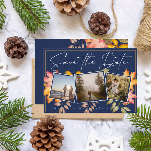 Rustikale Navy Blue Herbstlaubs Drei Fotos Hochzei Save The Date