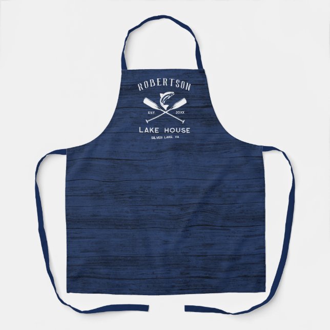 Rustikale Navy Blue Lake House Familienname Schürze (Vorderseite)