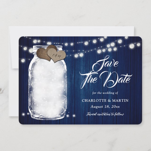 Rustikale Navy Blue Mason Jar String Lights Hochze Save The Date (Vorderseite)