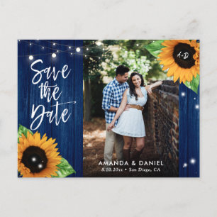 Rustikale Navy Blue Sonnenblume Save the Date Post Ankündigungspostkarte