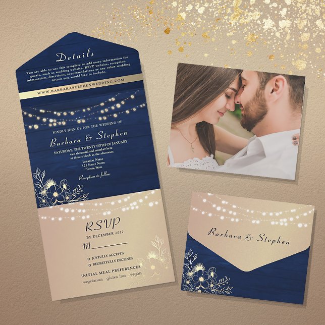Rustikale Navy Blue String Lights Hochzeit All In One Einladung (Von Creator hochgeladen)