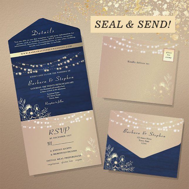 Rustikale Navy Blue String Lights Hochzeit All In One Einladung (Von Creator hochgeladen)