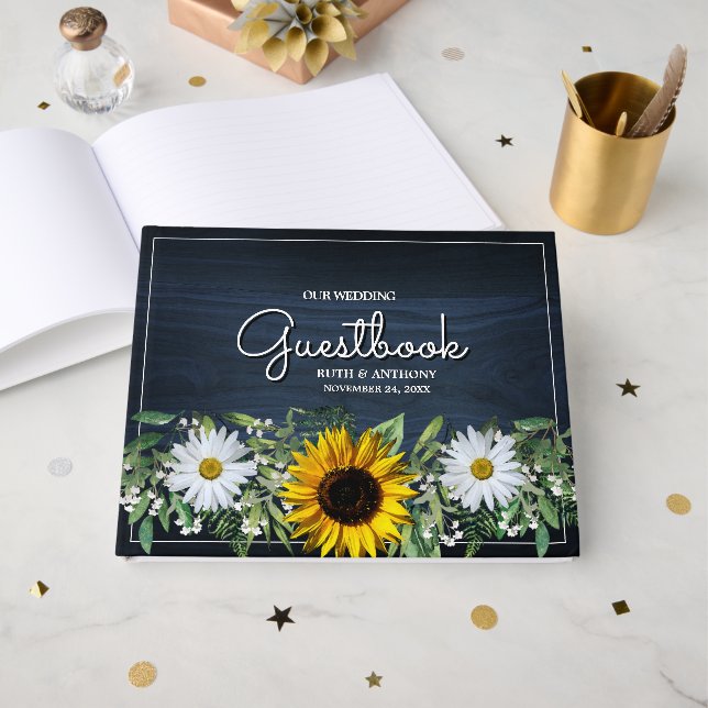 Rustikale Navy Blue Sunflower|Daisy Wedding Gästebuch (Vorderseite Offen)