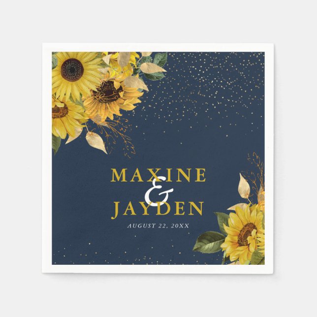 Rustikale Navy Blue Sunflower & Gold Confetti Wedd Serviette (Vorderseite)