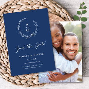 Rustikale Navy Blue Wildblume + Foto Save the Date Einladung
