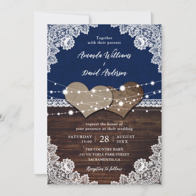 Rustikale Navy Blue Wood Burlap Lace Hochzeit Einladung (Vorderseite)